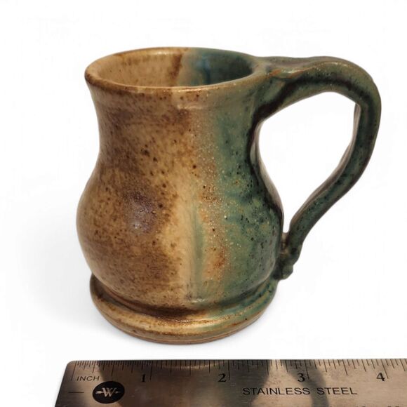 Handmade Pottery Creamer Pitcher, Clay Pottery, 3" Wide, Glazed Tan Teal, Signed - Picture 2 of 8